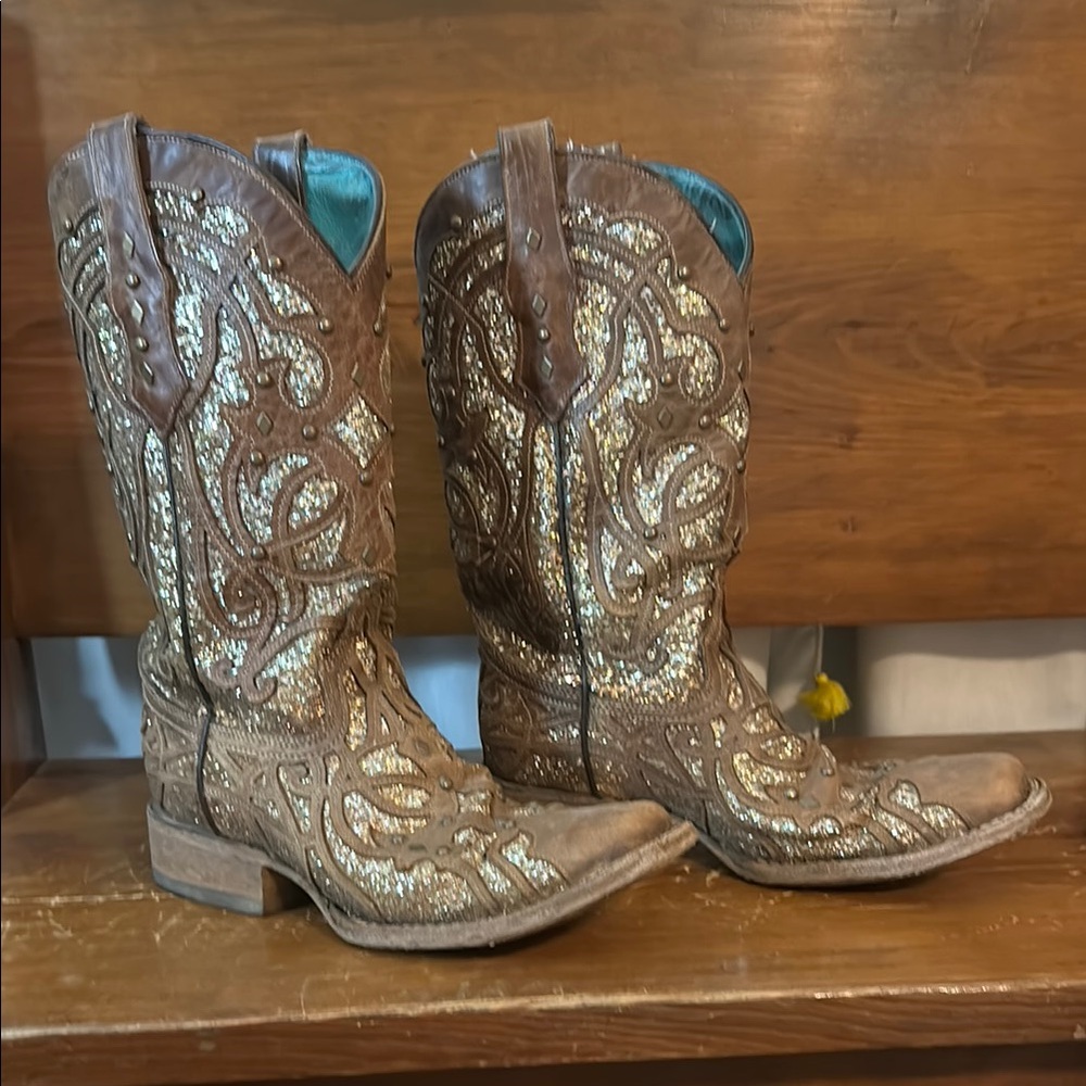 Brown and Gold Glitter Corral Boots